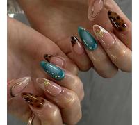 Almond Shaped Glossy Teal Ombre Press On Nails with Gold Beads & Leopard Print - Medium Length Pre-Designed False Nails Set with Natural Curve Fit for Women Salon Look at Home