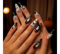 Almond Shaped Halloween False Nails With Black White Jelly Glossy Finish - Short Press On Nail Art Set Featuring Pumpkin Ghost Bat Patterns And Gold Trim For Women And Girls Party Holiday Festive