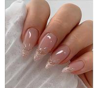 Almond-Shaped Nail Tips with Glossy Nude-Pink Finish & Gold Lined Web Design - Pre-Shaped False Nails for Short Natural, Easy Application with Adhesive, Sophisticated Manicure for Women & Art