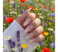 Almond Shaped Nail Tips With Natural Ombre Finish And Rhinestones - Long Coffin False Nails In Nude To Pink Gradient For Wedding Party And Daily Wear, 24PCS Reusable Stick On