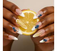 Almond-Shaped Press-On False Nails with Blueberry Lemon French Tip Art - 24-Piece Glossy Manicure Set Including Gelly Adhesive Tabs for Women, Daily Wear, Parties and Summer Events