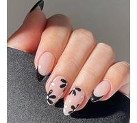 Almond-Shaped Press-On Nails with Black and White Floral and Polka Dot Designs - Short False Nails, Glossy Finish, Reusable Stick On for Women, Minimalist Elegant Aesthetic