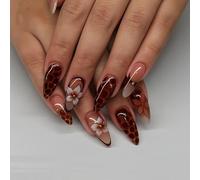 Almond-Shaped Press-On Nails with Brown Nude Ombre & Floral Giraffe Print - Short False Nails Featuring Gold Gem Accents in 12 Sizes for an Elegant Manicure, Glossy Finish & Easy Application