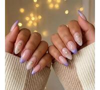 Almond Shaped Press On Nails with Lavender Nude Ombre & Crystal Star Design - Medium Length Glossy Reusable False Nails Kit for DIY Manicure with Art Application Tools and