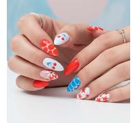 Almond-Shaped Press On Nails with Red Cherry, Blue Fish-Scale & White Daisy Patterns - Long Glossy Summer Nail Set for DIY Manicure, Easy Application & Removal, Ideal for Casual Wear & Seasonal