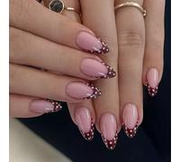 Almond Shaped Wine Red Base White Dots Artificial Natural Looking Easy to Wear Comfortable Wear White Dot French Manicure False Wine Red Almond Shaped