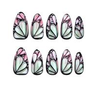 Almond Shimmering Press-On Nail 3D Butterfly Accented Flesh with 24 Pcs Shiny Stick On Nail Set for Women