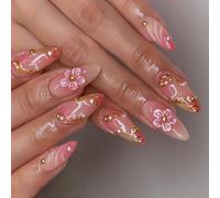 Almond Styles Wearables Nails Blossom Pattern French Tip Art Comfortable For Professional Occasions Social Event Elegant Nail