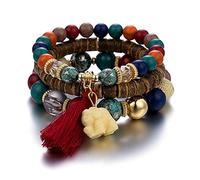 Almondle Stackable Bracelets for Women Multilayer Beaded Bracelets Stretch Bangles Bohemian Style Multicolor Tassel Strand Bracelets Stretch Jewelry for Women
