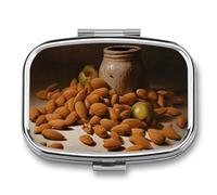 Almonds and Jars Pill Box 2 Compartment, Portable Pill Case with Mirror for Pocket Purse Travel, Mini Metal Medicine Organizer for Vitamins Fish Oil