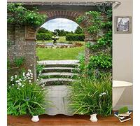 ALMONO Garden View Shower Curtain Garden View Shower Curtains 250x200 cm 3D Shower Curtains Mould Proof Resistant Decorative Bathroom Curtains Waterproof Polyester Fabric with Hooks