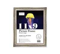 Almost Frameless 11x9 Silver Ornate Picture Frame 11"x9"(27.9x22.9cm) Poster, Photo, Artwork, or Print. Opulent Style Portrait and Landscape Display with Wall Hooks