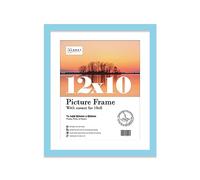Almost Frameless 12x10 Light Blue Picture Frame With Mount for 10x8 Print, Poster or Photo Poster, Photo, Artwork, or Print. Thin Edge Slim Frame Portrait and Landscape Display with Wall Hooks