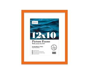 Almost Frameless 12x10 Orange Picture Frame With Mount for 9x7 Print, Poster or Photo Poster, Photo, Artwork, or Print. Thin Edge Slim Frame Portrait and Landscape Display with Wall Hooks