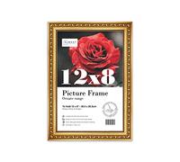 Almost Frameless 12x8 Gold Ornate Picture Frame 12"x8"(30.5x20.3cm) Poster, Photo, Artwork, or Print. Elegant Style Portrait and Landscape Display with Wall Hooks