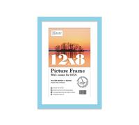 Almost Frameless 12x8 Light Blue Picture Frame With Mount for 10x6 Print, Poster or Photo Poster, Photo, Artwork, or Print. Thin Edge Slim Frame Portrait and Landscape Display with Wall Hooks