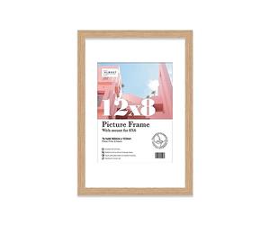 Almost Frameless 12x8 Oak Picture Frame With Mount for 8x6 Print, Poster or Photo Poster, Photo, Artwork, or Print. Thin Edge Slim Frame Portrait and Landscape Display with Wall Hooks
