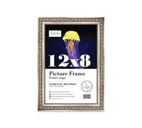 Almost Frameless 12x8 Silver Ornate Picture Frame 12"x8"(30.5x20.3cm) Poster, Photo, Artwork, or Print. Shabby Chic Style Portrait and Landscape Display with Wall Hooks