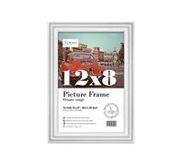 Almost Frameless 12x8 White Ornate Picture Frame 12"x8"(30.5x20.3cm) Poster, Photo, Artwork, or Print. Baroque Style Portrait and Landscape Display with Wall Hooks