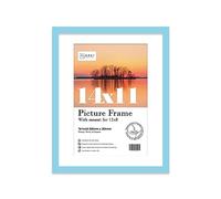 Almost Frameless 14x11 Light Blue Picture Frame With Mount for 12x8 Print, Poster or Photo Poster, Photo, Artwork, or Print. Thin Edge Slim Frame Portrait and Landscape Display with Wall Hooks