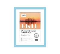 Almost Frameless 14x11 Light Blue Picture Frame With Mount for A4 Print, Poster or Photo Poster, Photo, Artwork, or Print. Thin Edge Slim Frame Portrait and Landscape Display with Wall Hooks