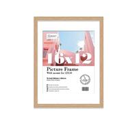 Almost Frameless 16x12 Oak Picture Frame With Mount for 12x10 Print, Poster or Photo Poster, Photo, Artwork, or Print. Thin Edge Slim Frame Portrait and Landscape Display with Wall Hooks