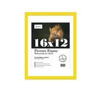 Almost Frameless 16x12 Yellow Picture Frame With Mount for 12x10 Print, Poster or Photo Poster, Photo, Artwork, or Print. Thin Edge Slim Frame Portrait and Landscape Display with Wall Hooks