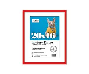 Almost Frameless 20x16 Red Picture Frame With Mount for A3 Print, Poster or Photo Poster, Photo, Artwork, or Print. Thin Edge Slim Frame Portrait and Landscape Display with Wall Hooks