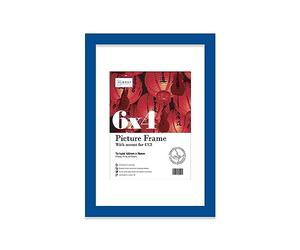 Almost Frameless 6x4 Blue Picture Frame With Mount for 4x3 Print, Poster or Photo Poster, Photo, Artwork, or Print. Thin Edge Slim Frame Portrait and Landscape Display with Wall Hooks