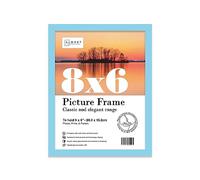 Almost Frameless 8x6 Light Blue Picture Frame 8"x6"(20.3x15.2cm) Poster, Photo, Artwork, or Print. Thin Edge Slim Frame Portrait and Landscape Display with Wall Hooks