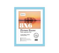 Almost Frameless 8x6 Light Blue Picture Frame With Mount for 7x5 Print, Poster or Photo Poster, Photo, Artwork, or Print. Thin Edge Slim Frame Portrait and Landscape Display with Wall Hooks