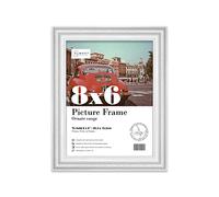 Almost Frameless 8x6 White Ornate Picture Frame 8"x6"(20.3x15.2cm) Poster, Photo, Artwork, or Print. Elegant Style Portrait and Landscape Display with Wall Hooks