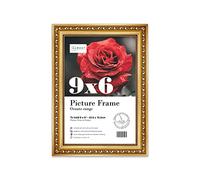 Almost Frameless 9x6 Gold Ornate Picture Frame 9"x6"(22.9x15.2cm) Poster, Photo, Artwork, or Print. Shabby Chic Style Portrait and Landscape Display with Wall Hooks