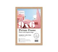 Almost Frameless 9x6 Oak Picture Frame 9"x6"(22.9x15.2cm) Poster, Photo, Artwork, or Print. Thin Edge Slim Frame Portrait and Landscape Display with Wall Hooks