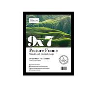 Almost Frameless 9x7 Black Picture Frame 9"x7"(26.2x22.2cm) Poster, Photo, Artwork, or Print. Thin Edge Slim Frame Portrait and Landscape Display with Wall Hooks