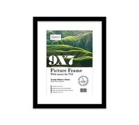 Almost Frameless 9x7 Black Picture Frame With Mount for 7x5 Print, Poster or Photo Poster, Photo, Artwork, or Print. Thin Edge Slim Frame Portrait and Landscape Display with Wall Hooks