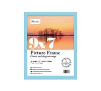 Almost Frameless 9x7 Light Blue Picture Frame 9"x7"(26.2x22.2cm) Poster, Photo, Artwork, or Print. Thin Edge Slim Frame Portrait and Landscape Display with Wall Hooks