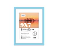 Almost Frameless 9x7 Light Blue Picture Frame With Mount for 7x5 Print, Poster or Photo Poster, Photo, Artwork, or Print. Thin Edge Slim Frame Portrait and Landscape Display with Wall Hooks