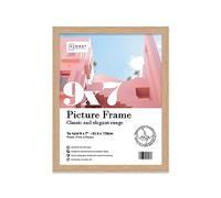 Almost Frameless 9x7 Oak effect Picture Frame 9"x7"(26.2x22.2cm) Poster, Photo, Artwork, or Print. Thin Edge Slim Frame Portrait and Landscape Display with Wall Hooks