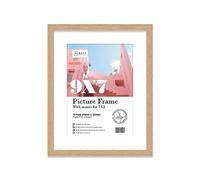 Almost Frameless 9x7 Oak Picture Frame With Mount for 7x5 Print, Poster or Photo Poster, Photo, Artwork, or Print. Thin Edge Slim Frame Portrait and Landscape Display with Wall Hooks