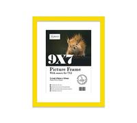 Almost Frameless 9x7 Yellow Picture Frame With Mount for 7x5 Print, Poster or Photo Poster, Photo, Artwork, or Print. Thin Edge Slim Frame Portrait and Landscape Display with Wall Hooks
