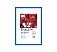 Almost Frameless A2 Blue Picture Frame With White Mount for A3 (29.7 x 42cm - 11.7 x 16.5in) Print, Photo, or Poster. Portrait and Horizontal Wall Hooks