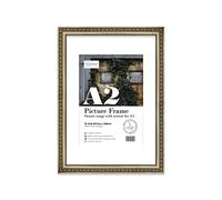 Almost Frameless A2 Champaign Ornate Picture Frame With White Mount for A3 (29.7 x 42cm - 11.7 x 16.5in) Poster, Photo, Artwork, or Print. Opulent Style Portrait and Landscape Display with Wall Hooks