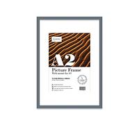Almost Frameless A2 Grey Picture Frame With White Mount for A3 (29.7 x 42cm - 11.7 x 16.5in) Print, Photo, or Poster. Portrait and Horizontal Wall Hooks