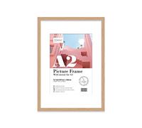 Almost Frameless A2 Oak Picture Frame With Mount for A3 (29.7 x 42cm - 11.7 x 16.5in) Poster, Photo, Artwork, or Print. Thin Edge Slim Frame Portrait and Landscape Display with Wall Hooks