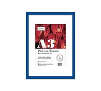 Almost Frameless A3 Blue Picture Frame With White Mount for A4 (21 x 29.7cm -8.3 x 11.7in) Print, Photo, or Poster. Portrait and Horizontal Wall Hooks