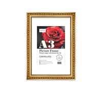 Almost Frameless A3 Gold Ornate Picture Frame With White Mount for A4 (21 x 29.7cm -8.3 x 11.7in) Poster, Photo, Artwork, or Print. Antique Style Portrait Landscape Display Wall Hooks