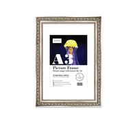 Almost Frameless A3 Silver Ornate Picture Frame With White Mount for A4 (21 x 29.7cm -8.3 x 11.7in) Poster, Photo, Artwork, or Print. Baroque Style Portrait and Landscape Display with Wall Hooks