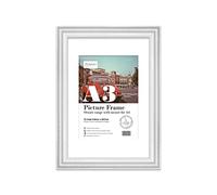 Almost Frameless A3 White Ornate Picture Frame With White Mount for A4 (21 x 29.7cm -8.3 x 11.7in) Poster, Photo, Artwork, or Print. Elegant Style Portrait and Landscape Display with Wall Hooks