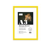 Almost Frameless A3 Yellow Picture Frame With White Mount for A4 (21 x 29.7cm -8.3 x 11.7in) Print, Photo, or Poster. Portrait and Horizontal Wall Hooks